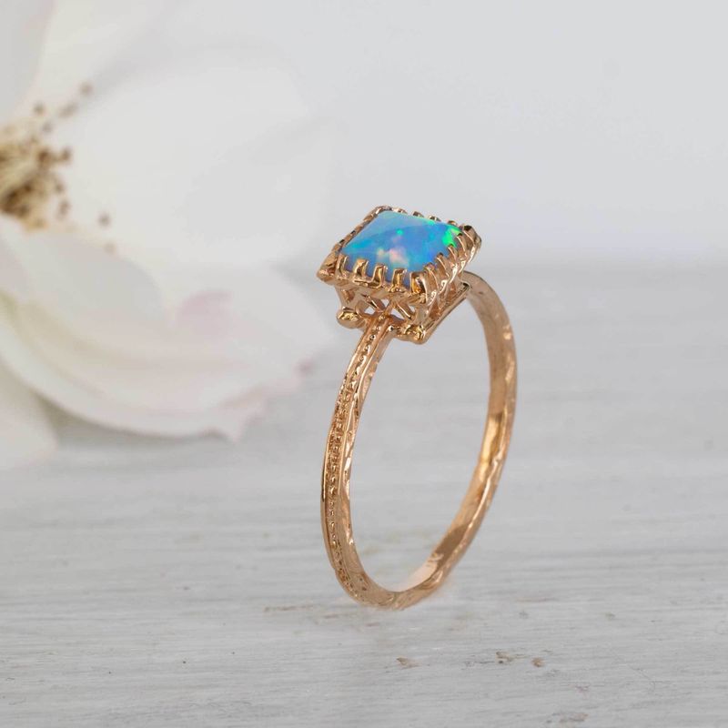 14K Rose Gold Square Blue Opal 6X6mm Ring