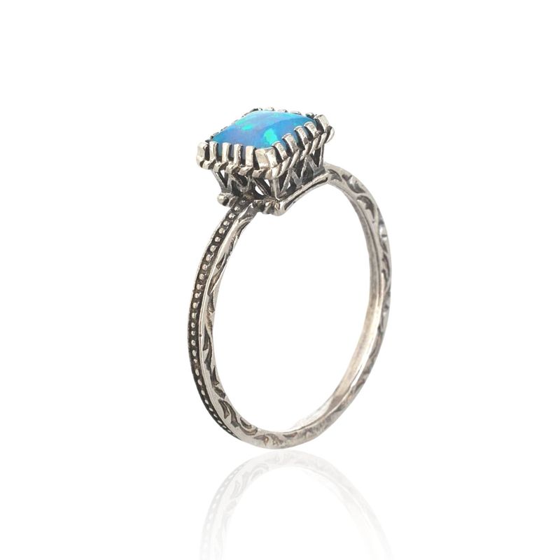 925 Sterling Silver Square Blue Opal 6X6mm Ring