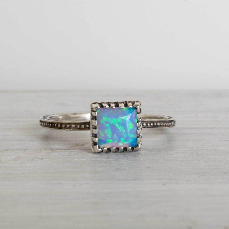 925 Sterling Silver Square Blue Opal 6X6mm Ring