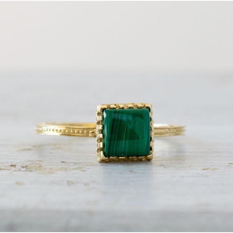 14K Yellow Gold Malachite 6X6mm Square Ring