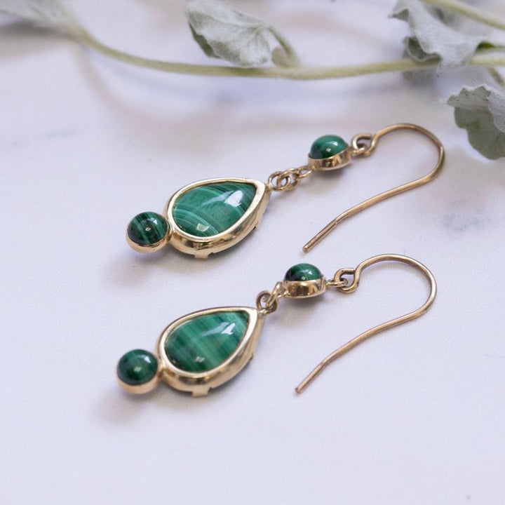 14K Yellow Gold Teardrop Green Malachite 7X10mm Dangle Earrings