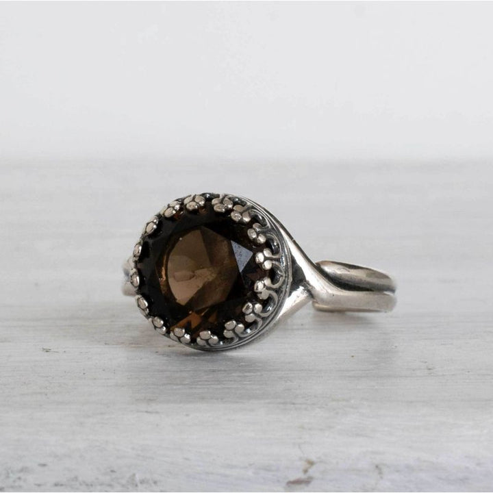 925 Sterling Silver Round Brown Smoky Quartz 10mm Ring