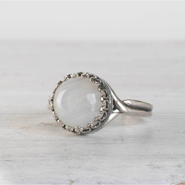 925 Sterling Silver Round White Moonstone 10mm Ring