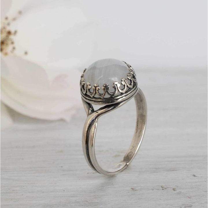 925 Sterling Silver Round White Moonstone 10mm Ring