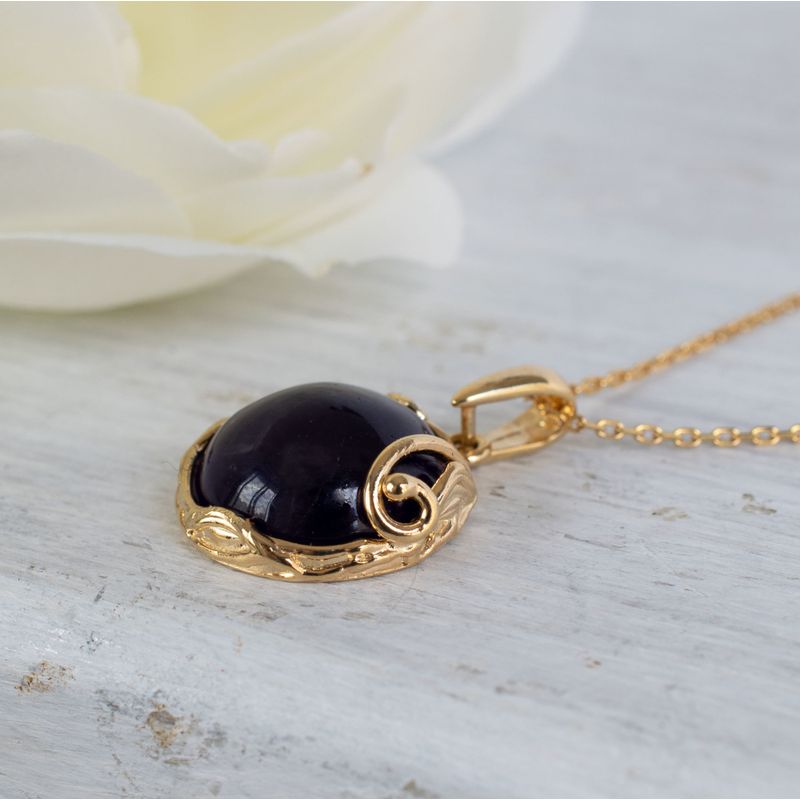 Yellow Gold Plated Round Black Onyx 14mm Pendant