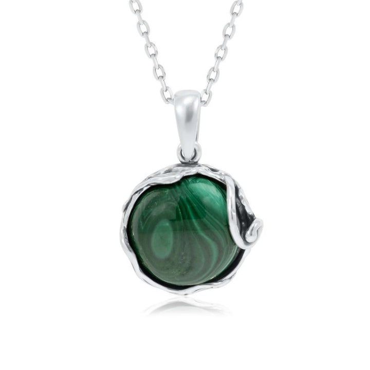 925 Sterling Silver Round Green Malachite 14mm Pendant