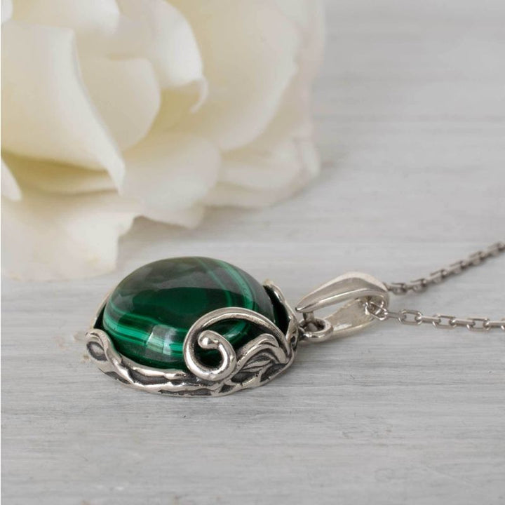 925 Sterling Silver Round Green Malachite 14mm Pendant