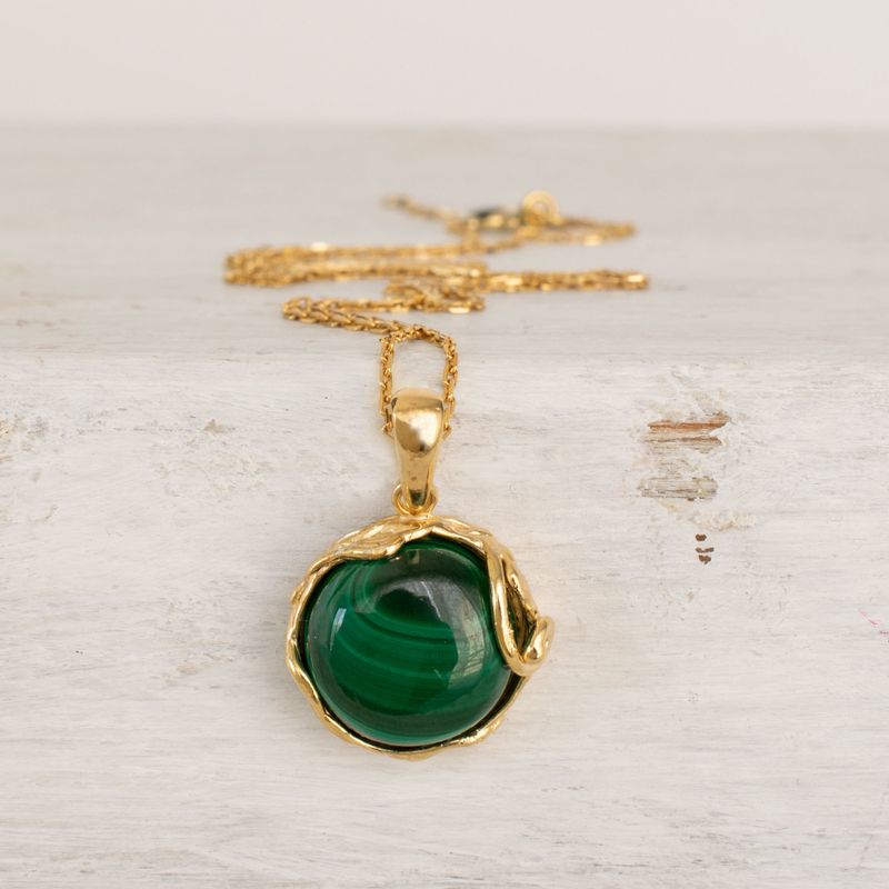 Yellow Gold Plated Round Green Malachite 14mm Pendant