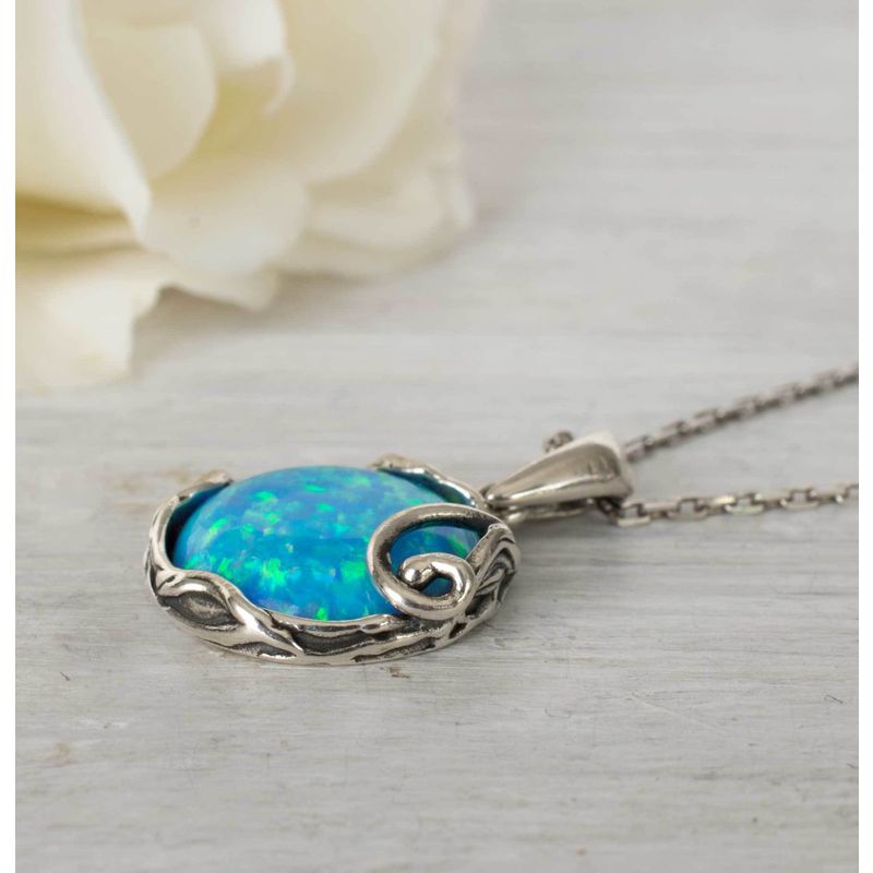 925 Sterling Silver Round Blue Opal 14mm Pendant