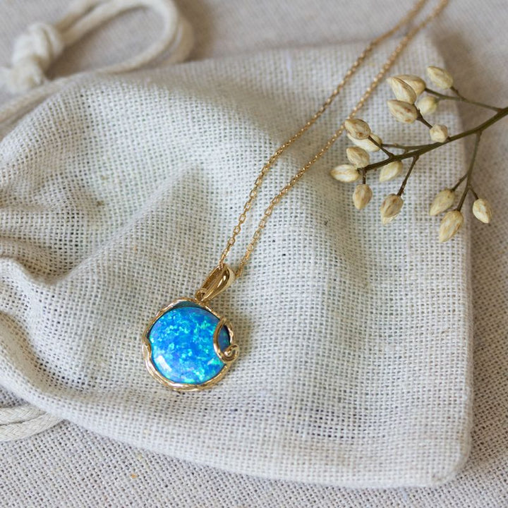 Yellow Gold Plated Blue Opal 14mm Large Pendant