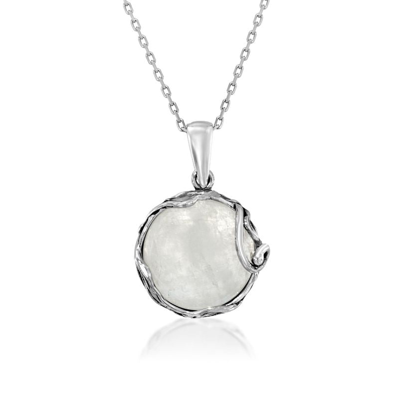 925 Sterling Silver Round White Moonstone 14mm Pendant