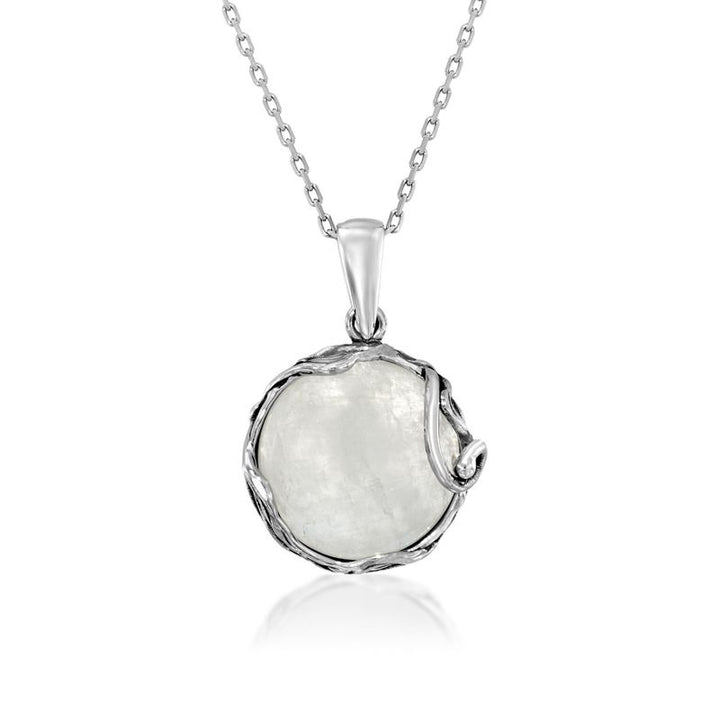 925 Sterling Silver Round White Moonstone 14mm Pendant