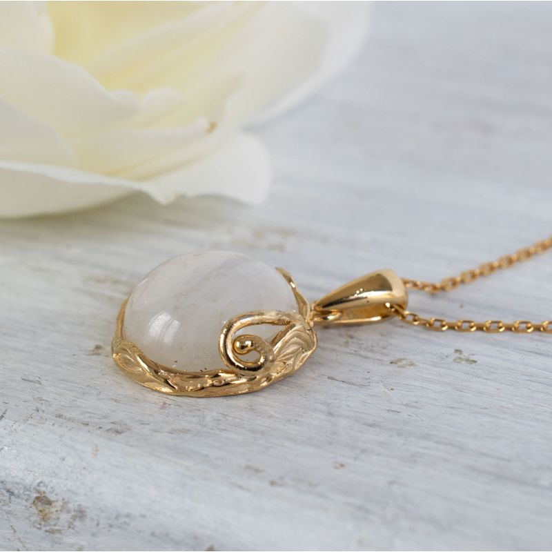 Yellow Gold Plated Round White Moonstone 14mm Pendant