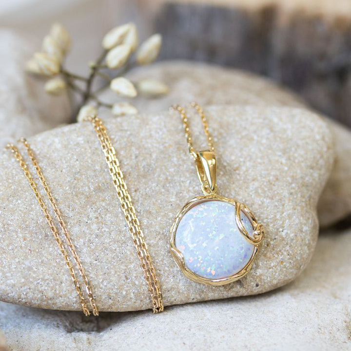 Yellow Gold Plated White Opal 14mm Large Pendant