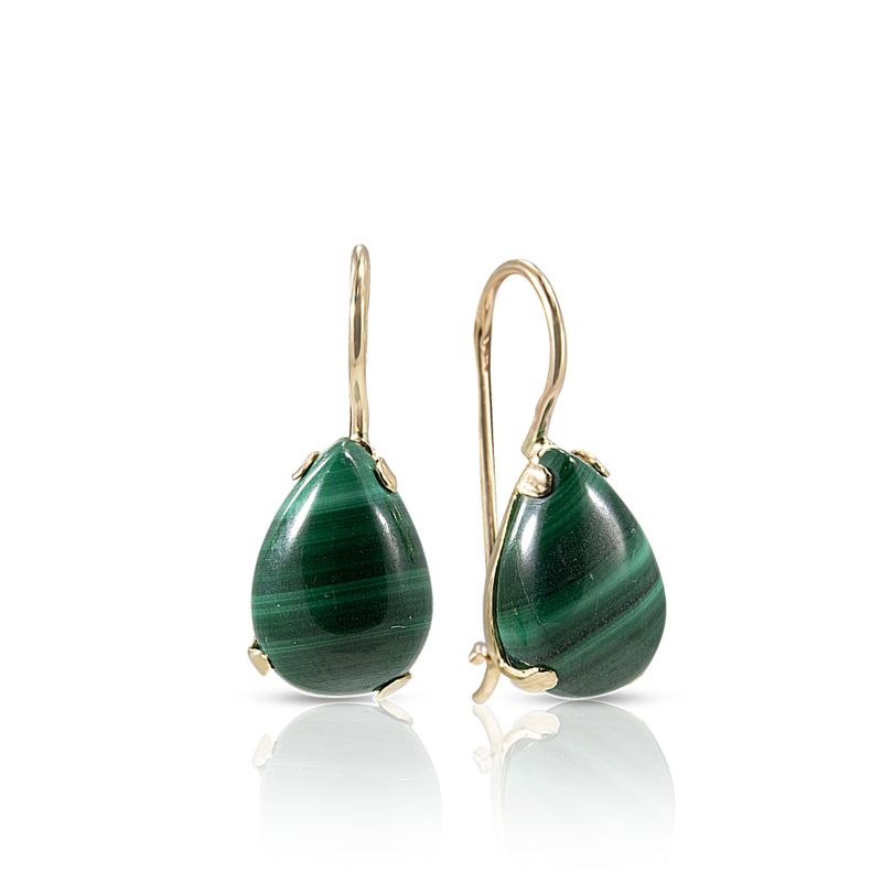 14K Yellow Gold Teardrop Green Malachite 7X10mm Dangle Earrings