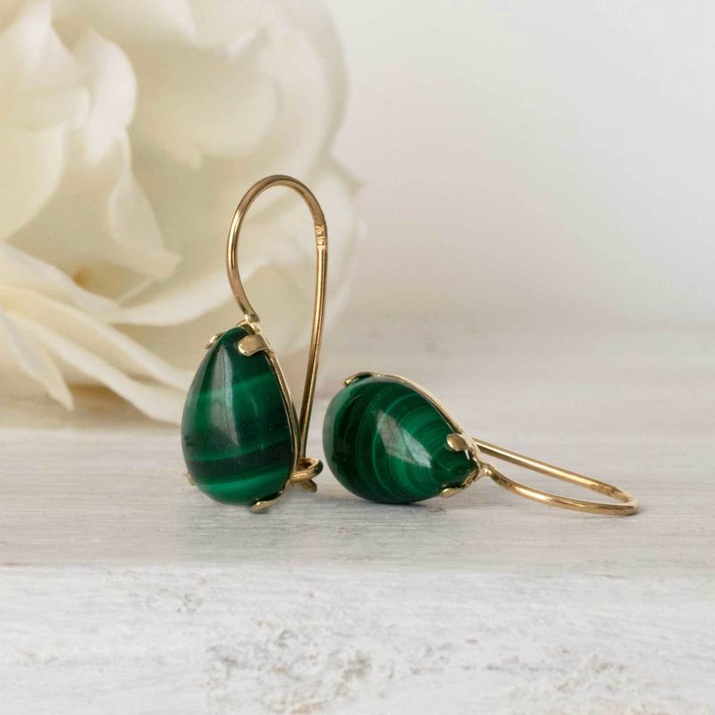 14K Yellow Gold Teardrop Green Malachite 7X10mm Dangle Earrings