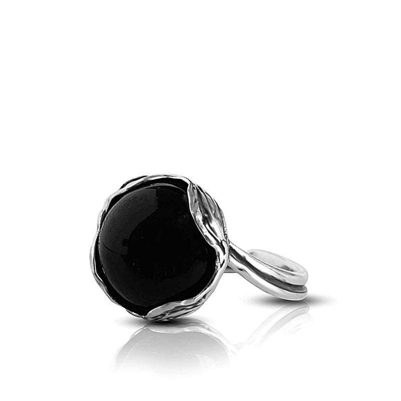 925 Sterling Silver Round Black Onyx 12mm Ring