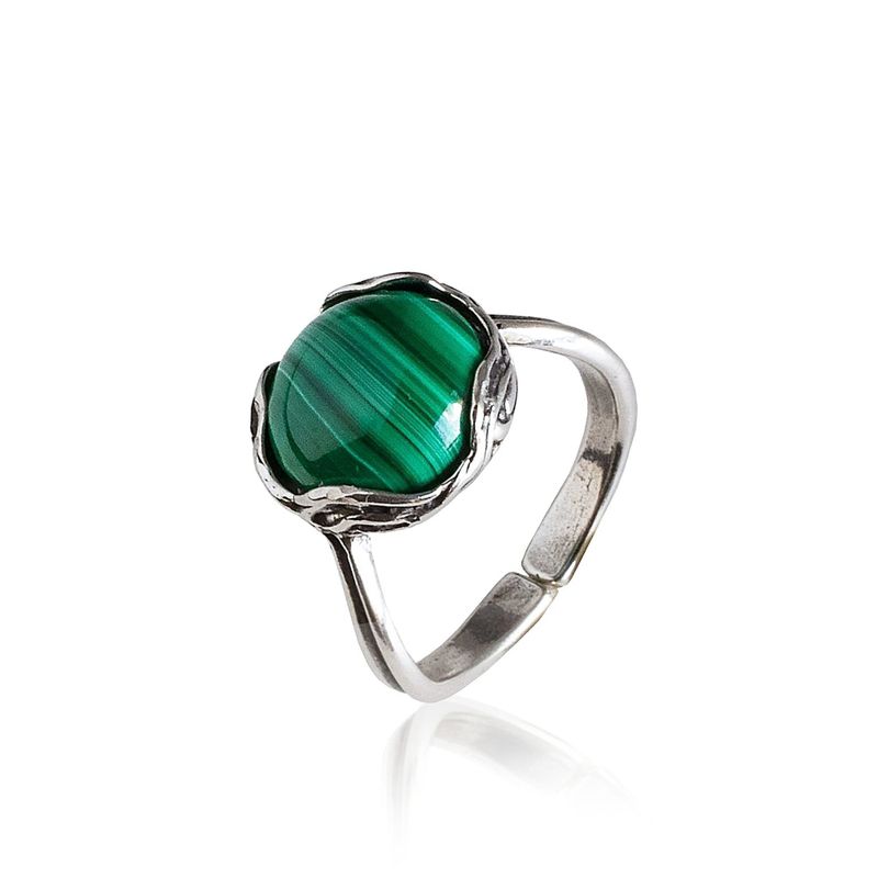 925 Sterling Silver Round Green Malachite 12mm Ring