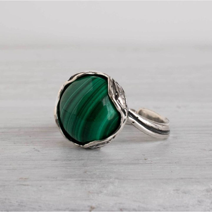 925 Sterling Silver Round Green Malachite 12mm Ring