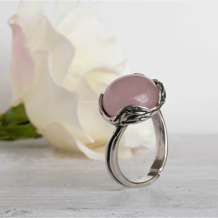 925 Sterling Silver Round Pink Rose Quartz 12mm Ring