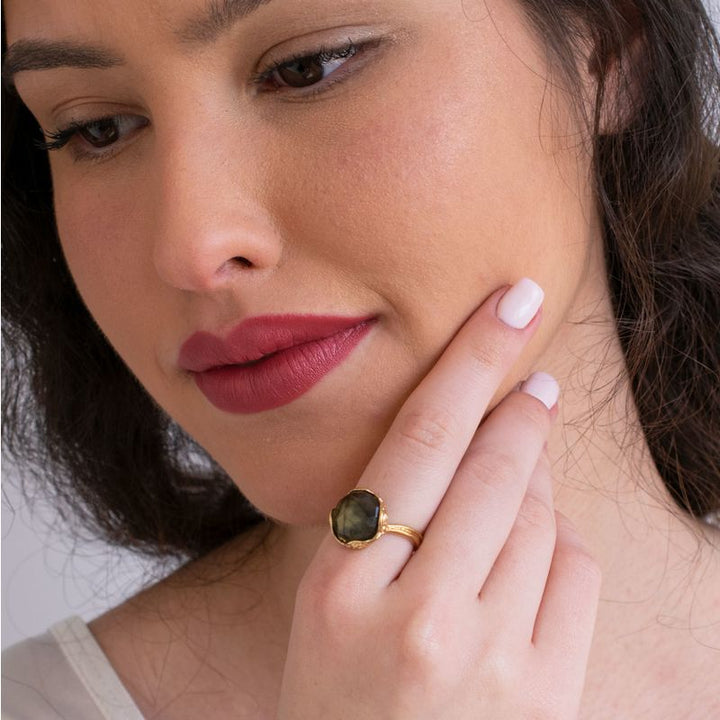 Gold Plated Rose Cut Labradorite Sizable Large Statement Ring
