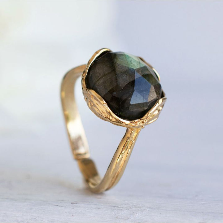 Gold Plated Rose Cut Labradorite Sizable Large Statement Ring