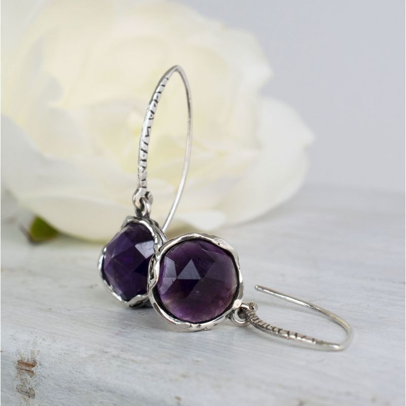 925 Sterling Silver Round Purple Amethyst 12mm Dangle Earrings