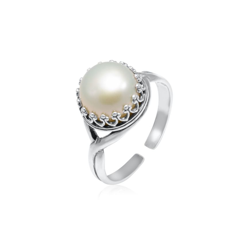 925 Sterling Silver Round White Pearl 10mm Ring