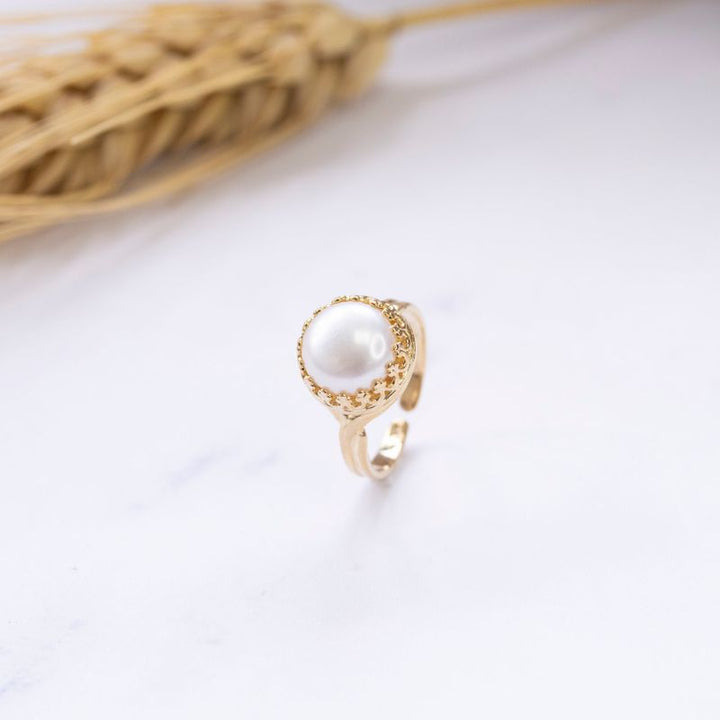 Yellow Gold Plated Round White Pearl 10mm Ring