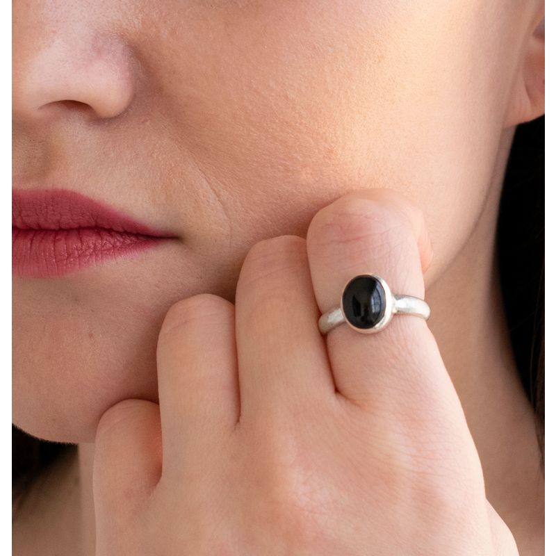 925 Sterling Silver Round Black Onyx 8X10mm Ring