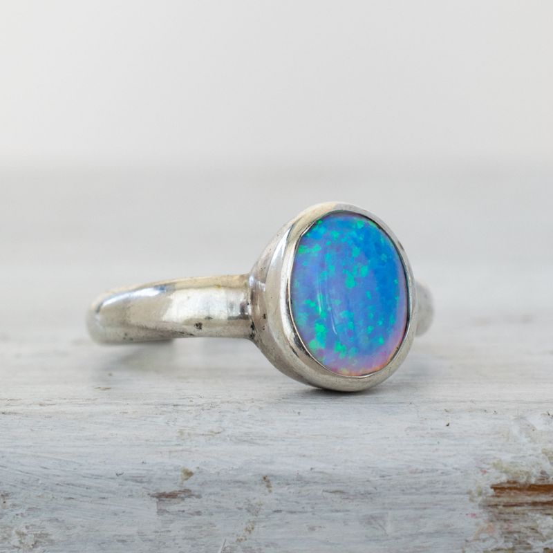 925 Sterling Silver Round Blue Opal 8X10mm Ring