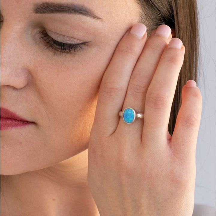 925 Sterling Silver Round Blue Opal 8X10mm Ring