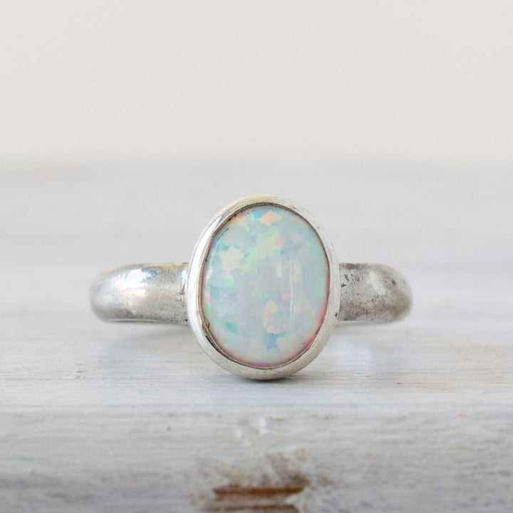 925 Sterling Silver Round White Opal 8X10mm Ring