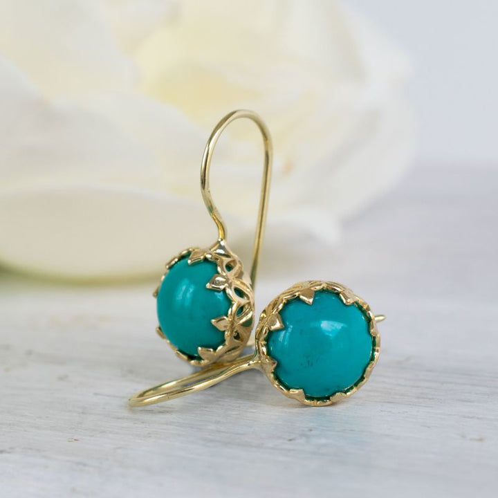 14K Yellow Gold Round Turquoise 8mm Dangle Earrings