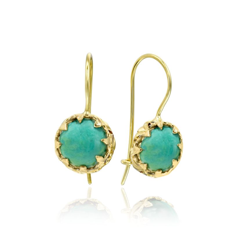 14K Yellow Gold Round Turquoise 8mm Dangle Earrings