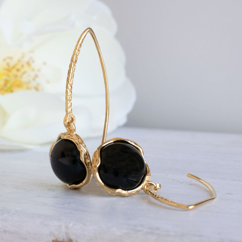 Gold Plated Round Black Onyx 12mm Dangle Earrings