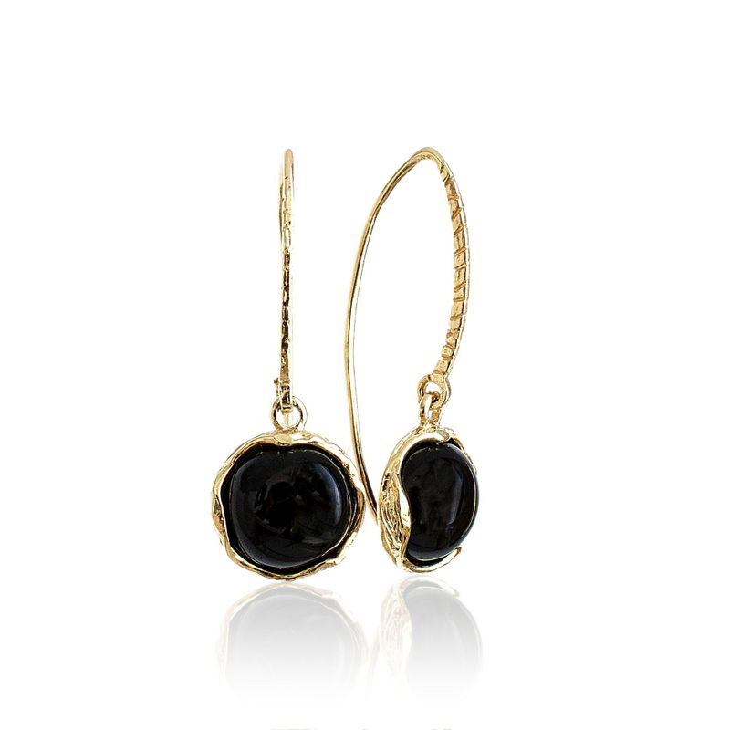 Gold Plated Round Black Onyx 12mm Dangle Earrings