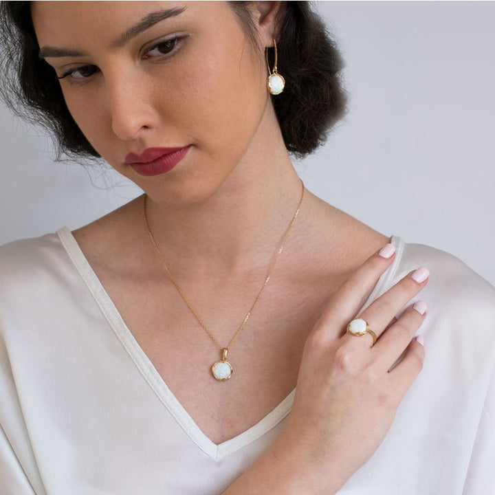Gold Plated Round White Opal 12mm Dangle Earrings