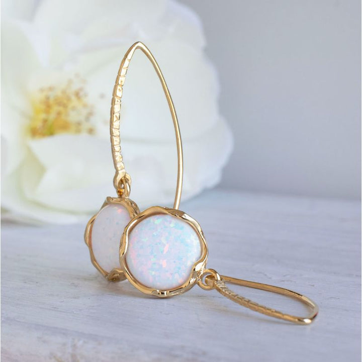 Gold Plated Round White Opal 12mm Dangle Earrings