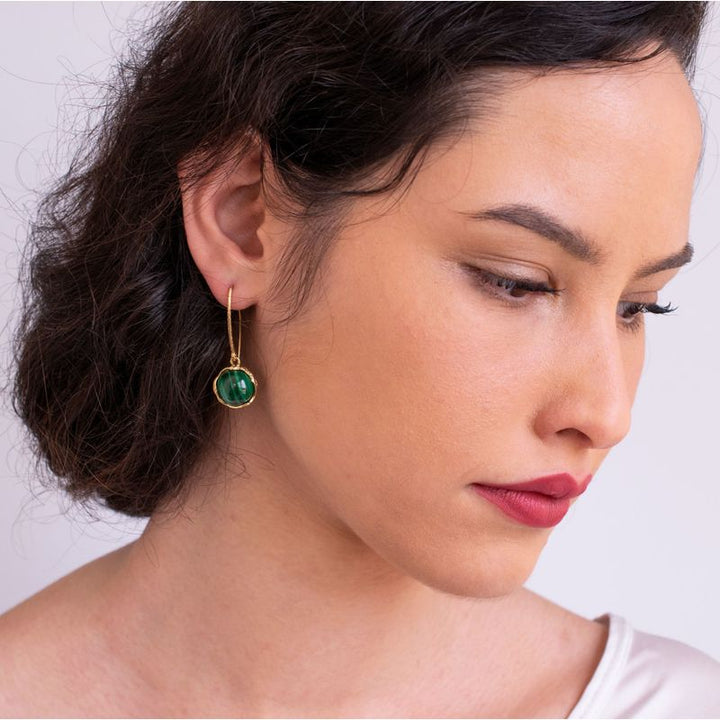 Gold Plated Round Malachite 12mm Dangle Earrings