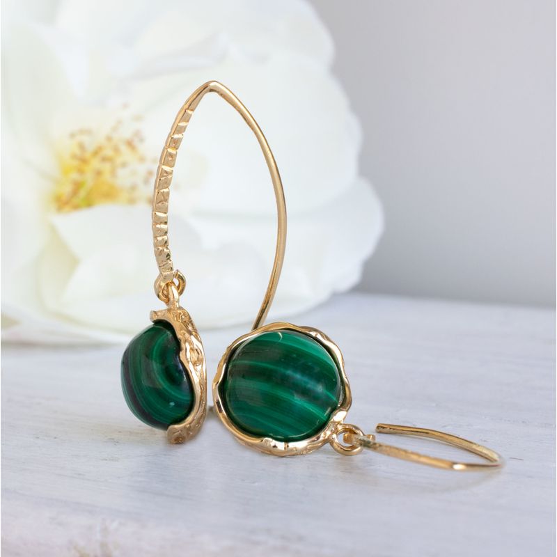 Gold Plated Round Malachite 12mm Dangle Earrings