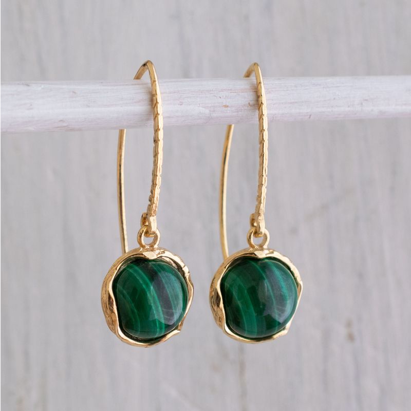 Gold Plated Round Malachite 12mm Dangle Earrings