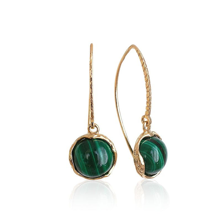 Gold Plated Round Malachite 12mm Dangle Earrings