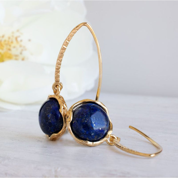 Gold Plated Round Lapis Lazuli 12mm Dangle Earrings