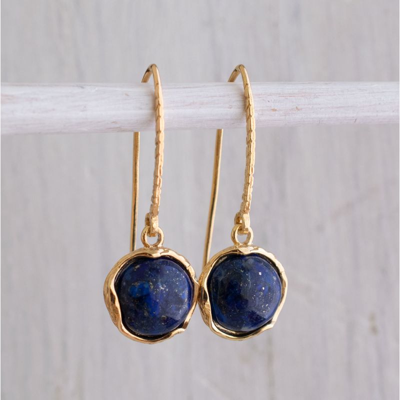 Gold Plated Round Lapis Lazuli 12mm Dangle Earrings