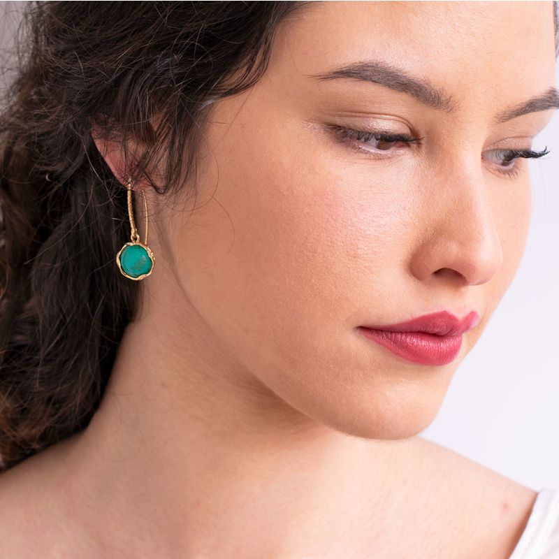 Yellow Gold Plated Drop Earrings Inlaid with Turquoise