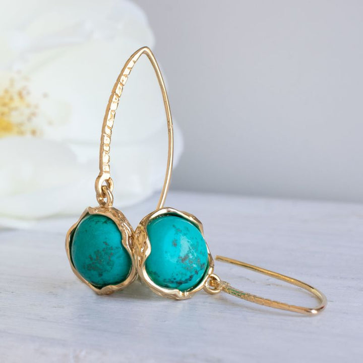 Yellow Gold Plated Drop Earrings Inlaid with Turquoise