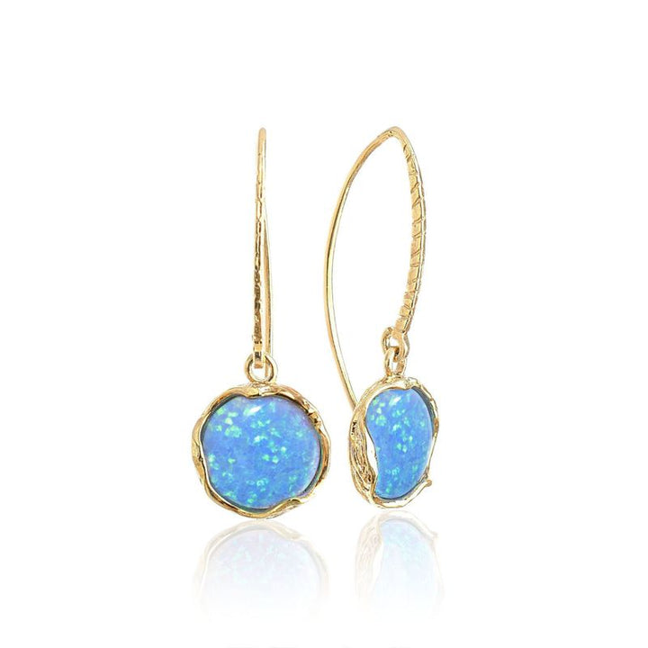 Gold Plated Round Blue Opal 12mm Dangle Earrings