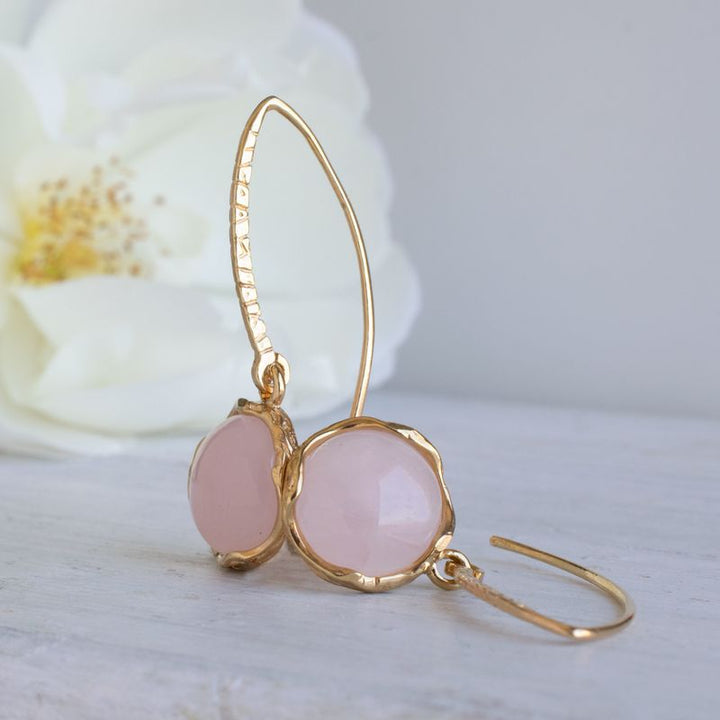 Gold Plated Round Rose Quartz 12mm Dangle Earrings