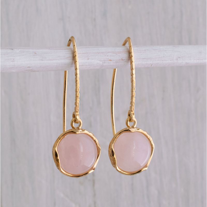 Gold Plated Round Rose Quartz 12mm Dangle Earrings